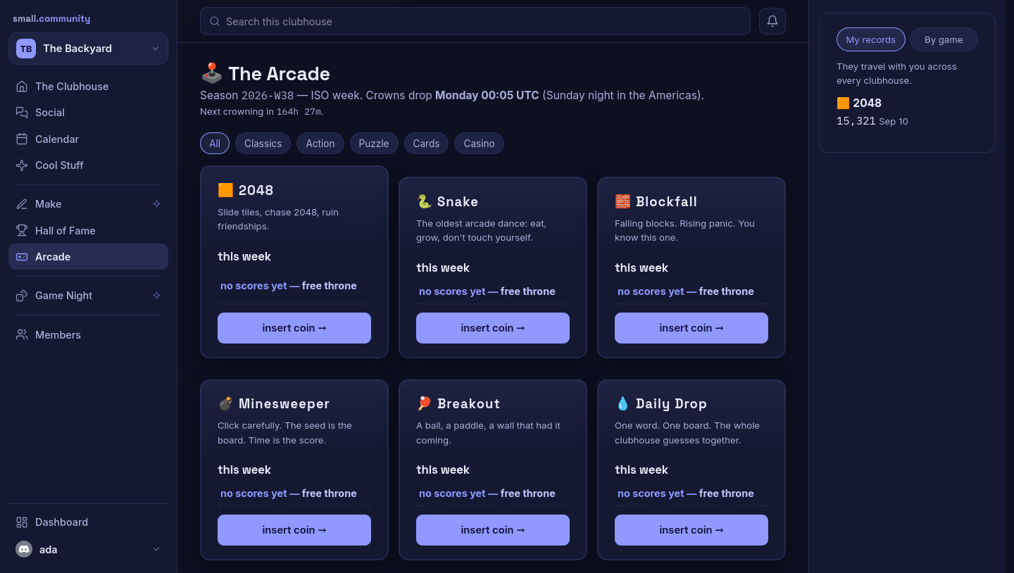 The Arcade lobby with game cabinets, weekly leaderboards, and season crowns.