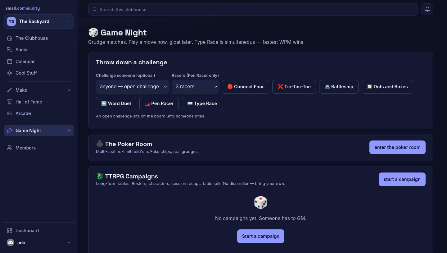 Game Night: open challenges and matches against friends.