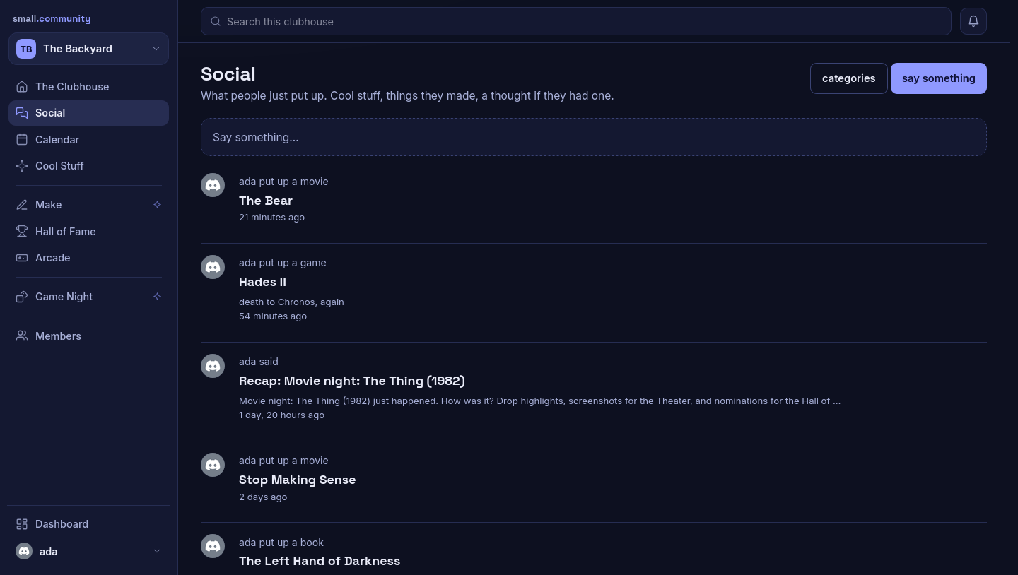 The Social feed in a clubhouse: threads from members, pinned posts, and replies.
